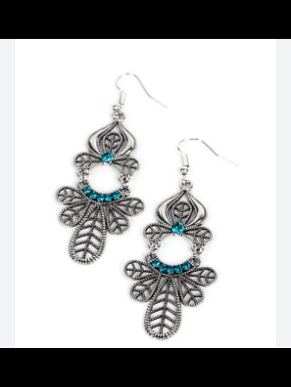 paparazzi Silver Filigree Chandelier Earrings with Teal Accents